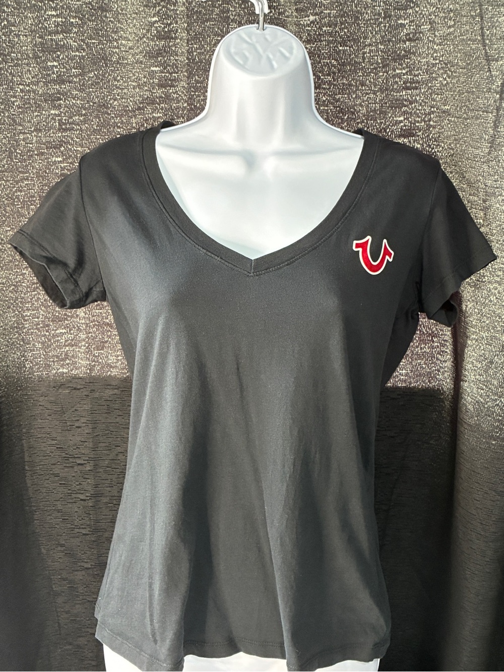 True Religion Black V-Neck Tee with Red Horseshoe & Buddha Logo